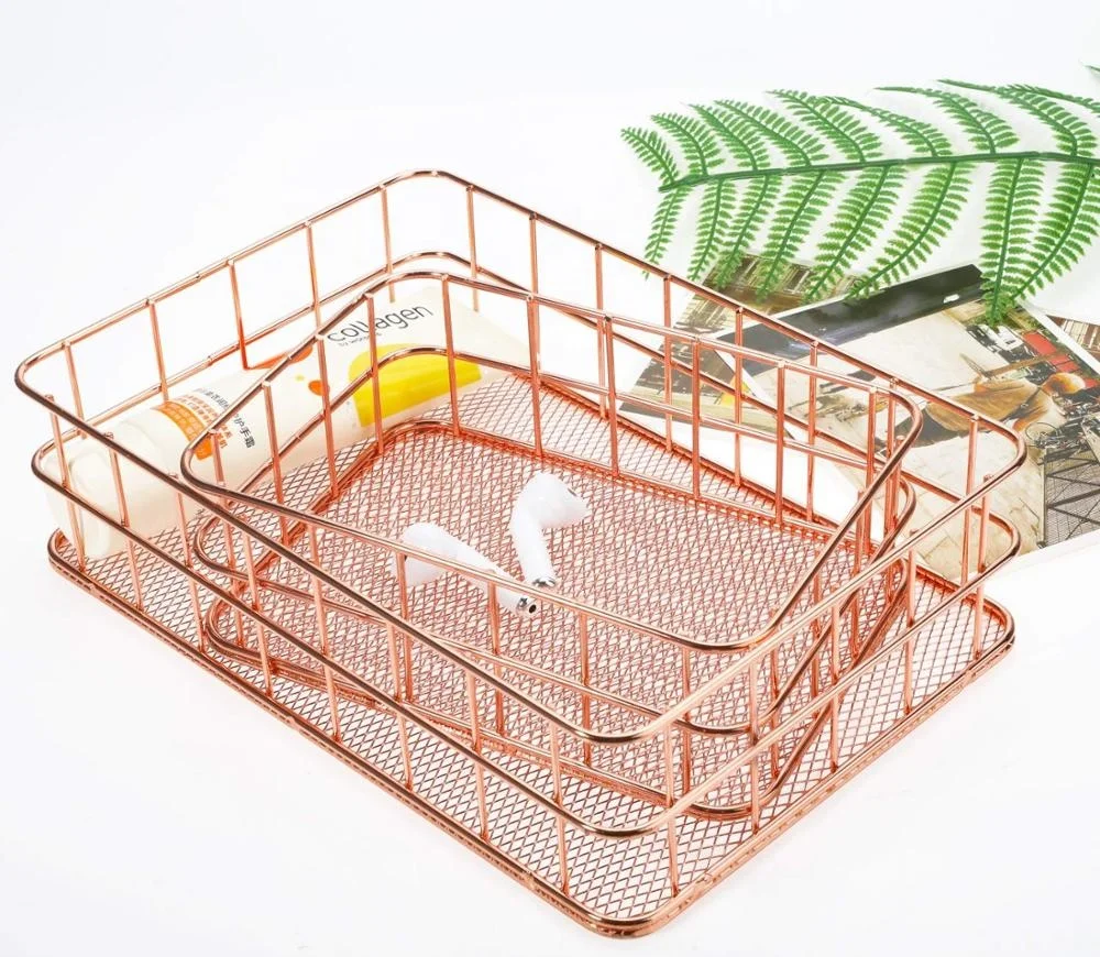 RTS 550-14B Rose Gold Wire Mesh Basket Makeup Stationary Organizer Holder For Home decoration