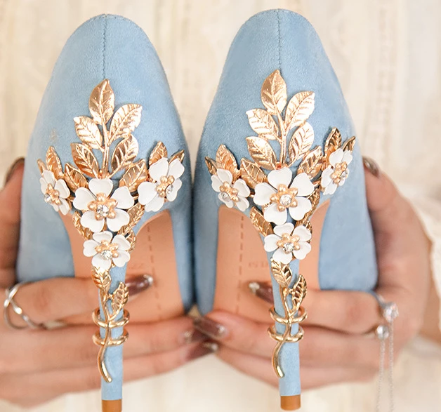 

Fashion light luxury pointed high heel thin heel women's shoes sexy metal flower wedding shoes single banquet shoes