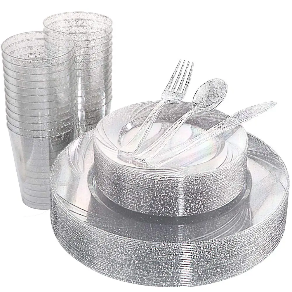 300 Pieces Sliver Plastic Plates Silver Glitter Disposable Plates Made