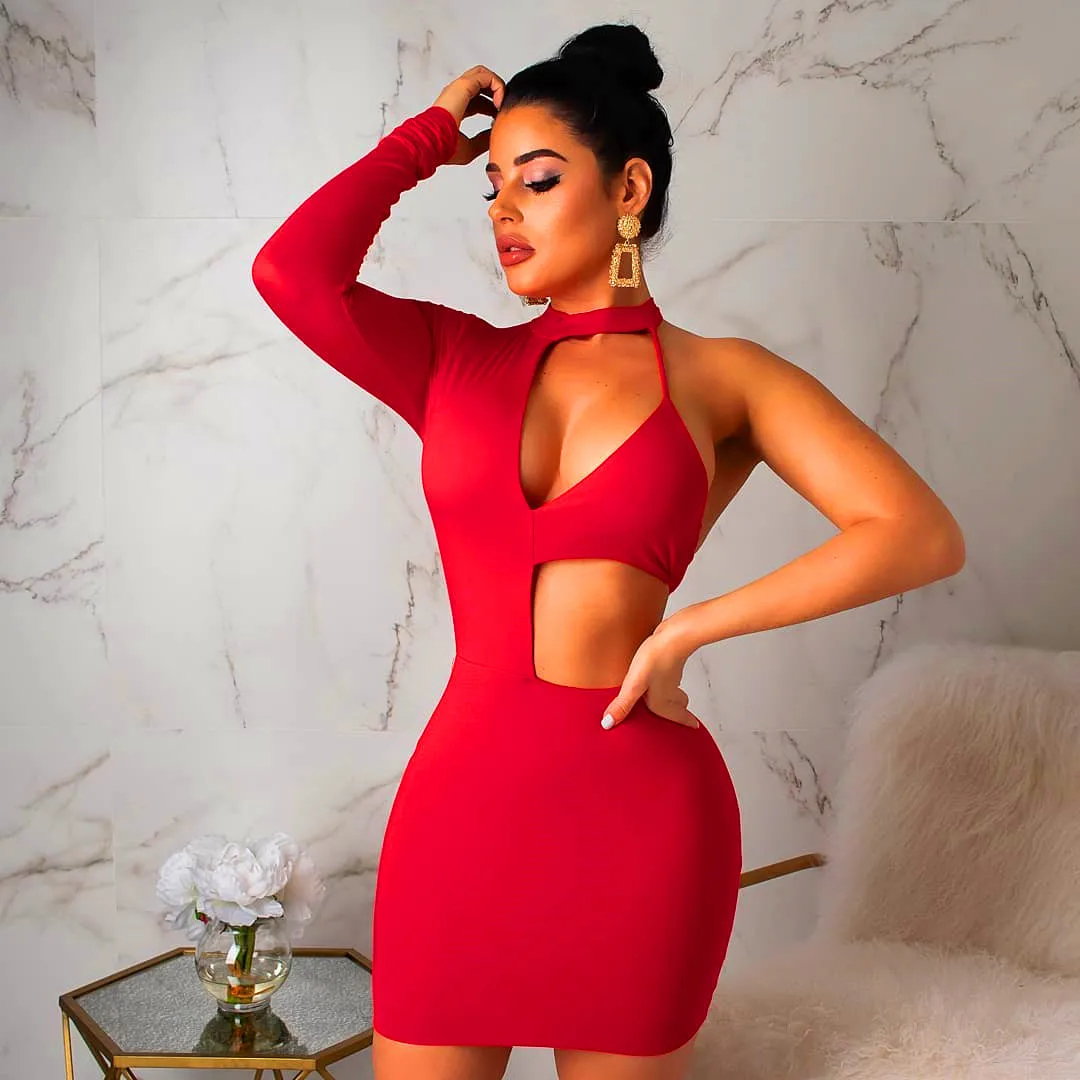 

TOB women night club clothes One shoulder long sleeve irregular Mini Dress AM166