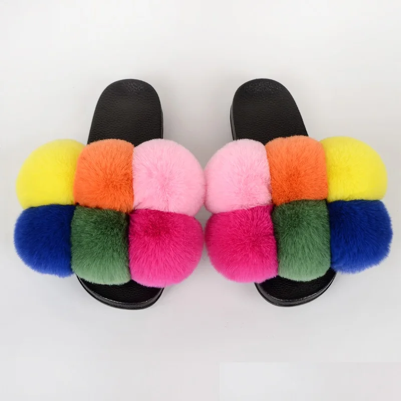 

Women Real Fox Fur Slides Furry Raccoon Fur Sandals Ladies Cute Fur Ball Flip Flops Rainbow Shoes