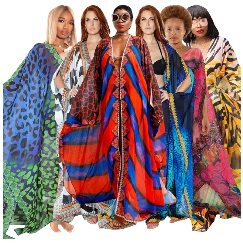 

K10259 Hot Selling Street Hipster Coats For Ladies Vintage V-Neck Casual Printed Chiffon Maxi Dress Ladies Long Coat For Women