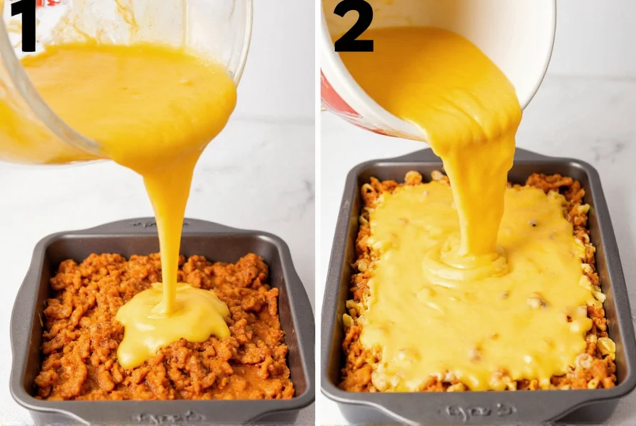 Step-by-step preparation of creamy chili cheese mac and cheese showing cheese sauce being poured over pasta and chili layers in baking dish
