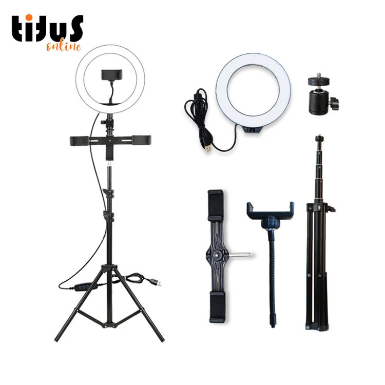 

F531C3 10inch 26cm Tripod Stand LED Selfie Ring Light Dimmable with Microphone Clamp 3 Mobiles LED Selfie Phone Holder, Black
