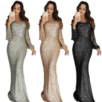 

2019 Wholesale Women Ladies Sexy Elegant Fringe Long Sleeve Bodycon Party Long Sequin Evening Dresses