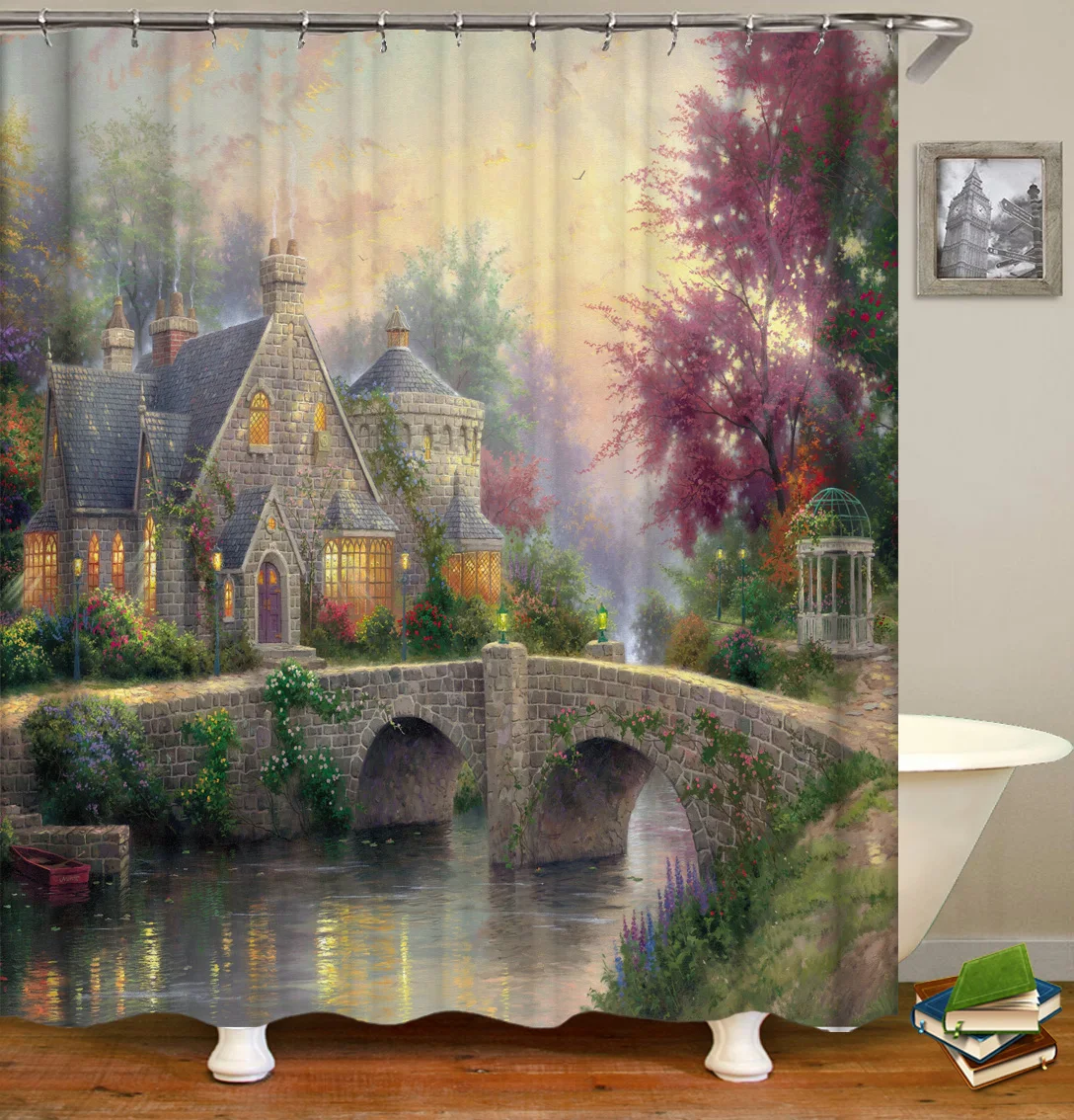 

New Design Fashion Printed Polyester 3D Shower Curtains for Bathroom, Old Castles and Old Buildings