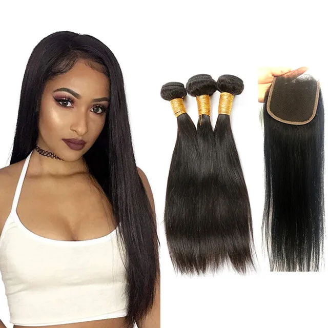 

Hot selling 4x4 Lace Closure With 3 Bundles remy virgin Brazilian human hair Closure cheveux 100% humains Swiss lace 4x4 Closure