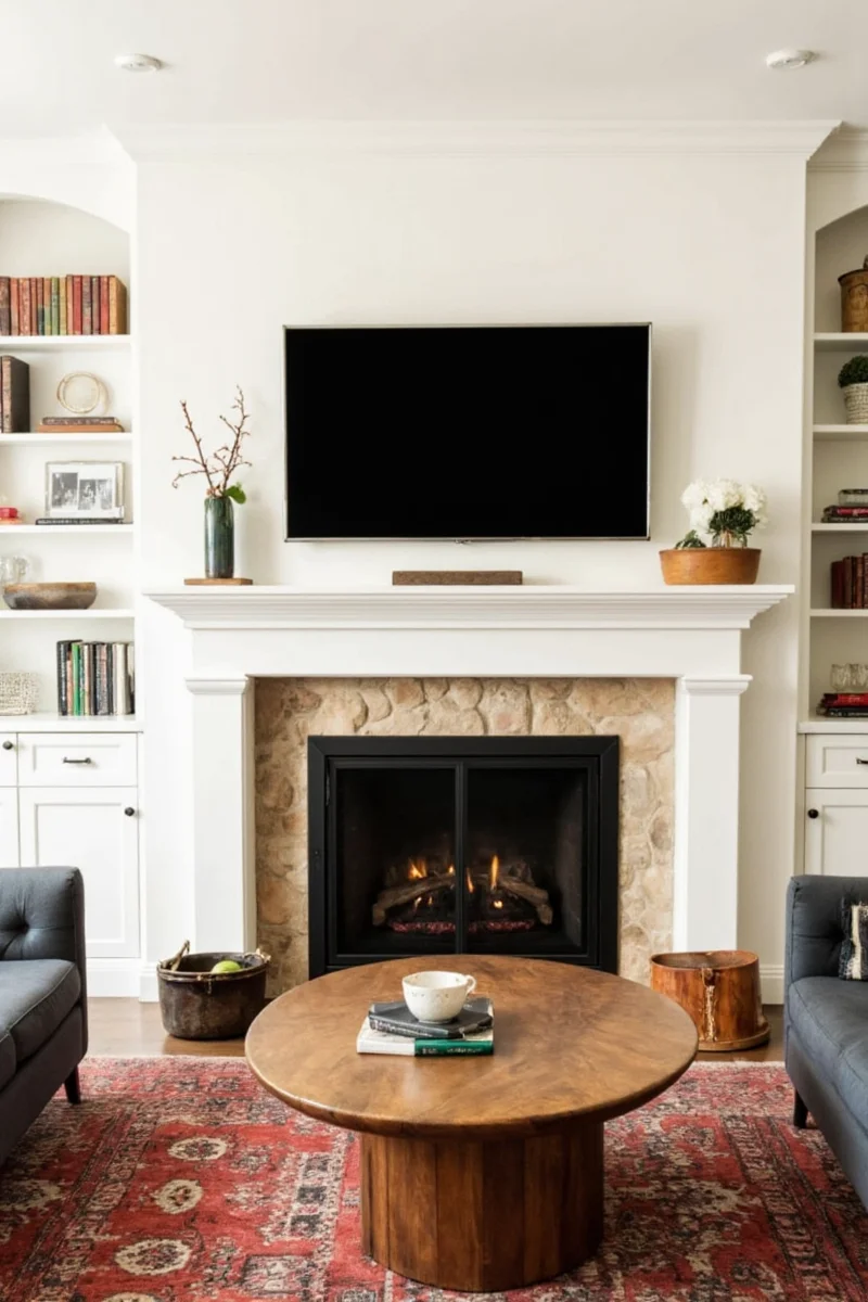 Full media wall concept featuring fireplace and TV