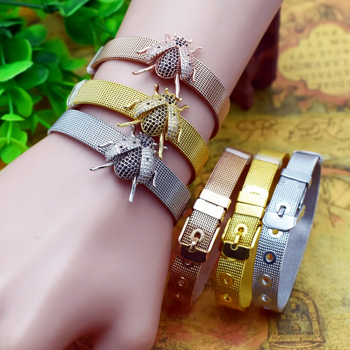 

Explosion big beetle stainless steel mesh bracelet charms for bracelets bulk, Golden /rose gold/silver