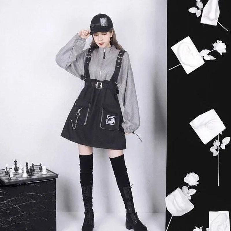 

Gothic Punk Mini Dress Women Streetwear Spring 2021 Fashion Goth Harajuku Dress 2021 Egirl Long Sleeve Korean Style Kpop, As pic