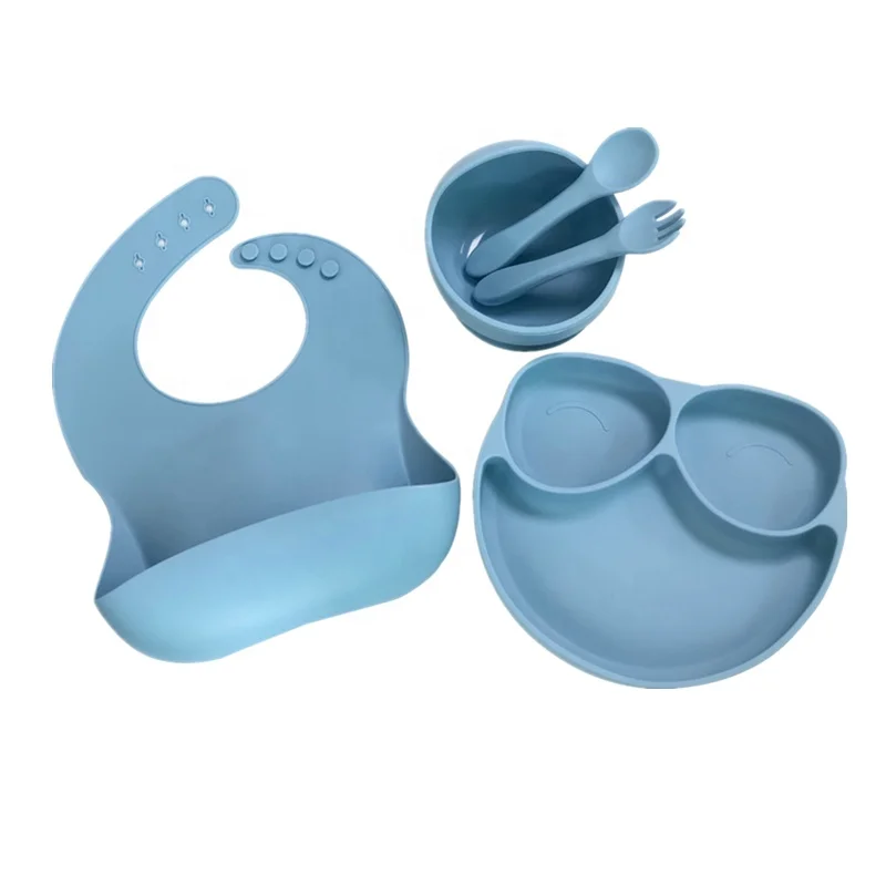 

Wholesale 5pcs Feeding Set Waterproof Silicone Divided Plate Suction Bowl Silicone Spoon Fork Baby Bib, Pink/blue/green/grey or customized