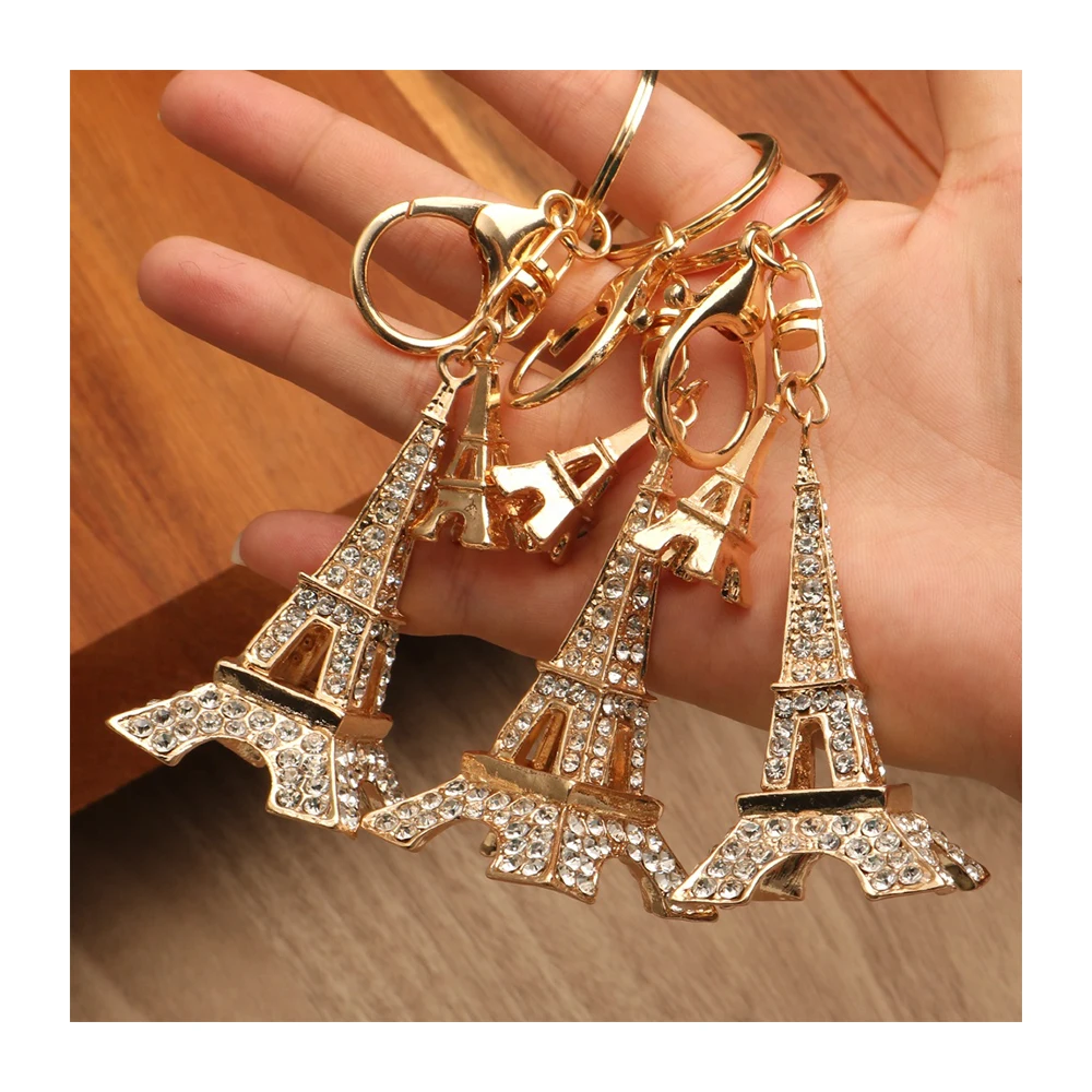 

High Quality Eiffel Tower Metal Keychain with Diamonds Souvenir Key Ring Global Tourist Attractions Stock Customized Accepted