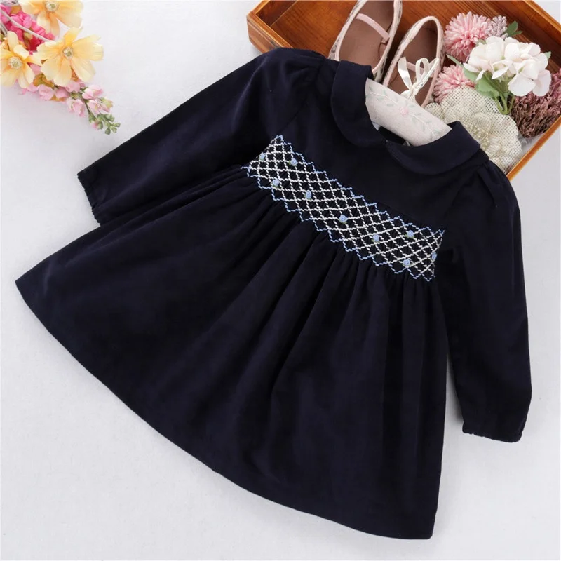 

C20729 Winter autumn long sleeve smocked infant baby girls dresses hand made children clothes wholesale