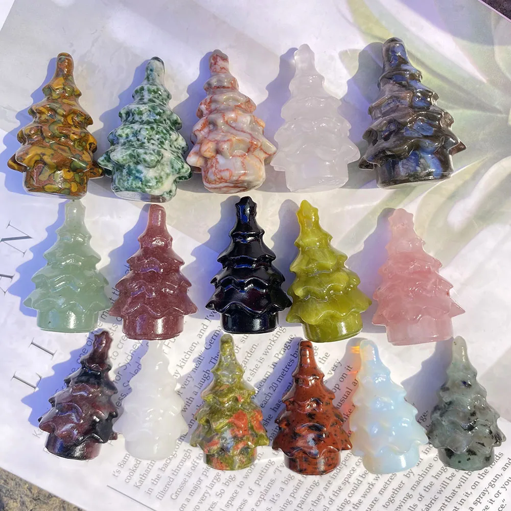 

Hand Carved 4cm Multi Natural Gemstone Crystal Christmas Tree Carving Ornaments Crafts With Wholesale Price
