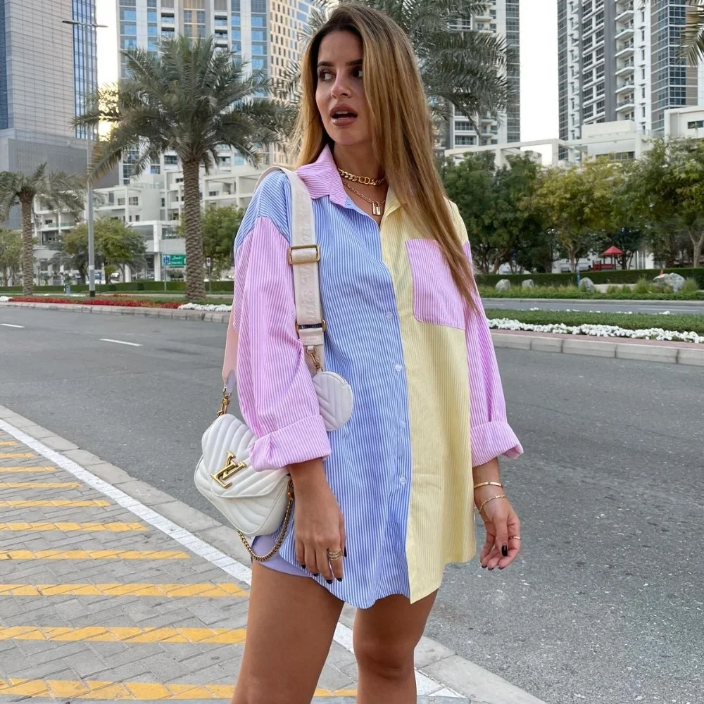 

Pinstripe color blocking loose boyfriend style long shirt long sleeved 2023 summer new style