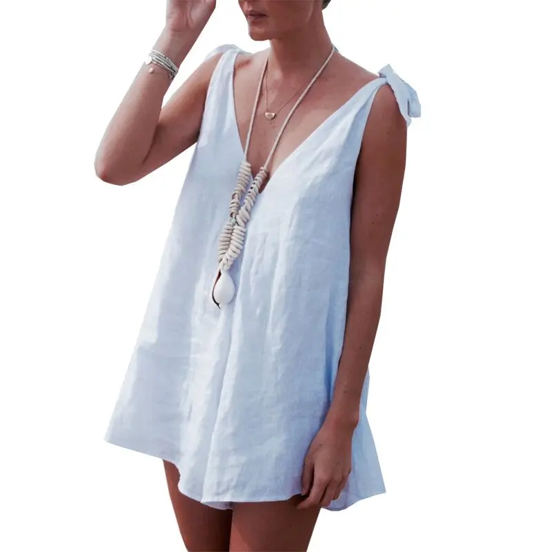 

Women Sexy V Neck Sleeveless Backless Solid Color Tied Loose Jumpsuit Rompers Beachwear Playsuit