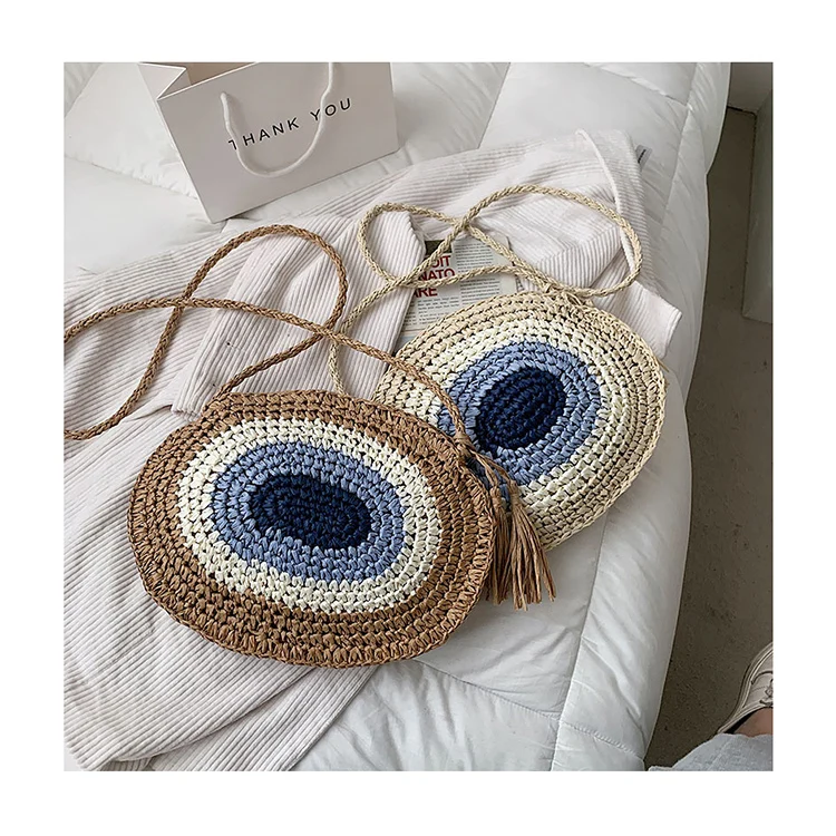 

Women Round Paper Rope Woven Crossbody Bags Fashion Casual Beach Handbag Lady Straw Bag Bohemian Vacation Large Capacity Clutch