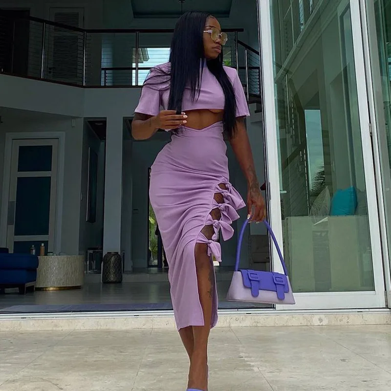 

2021 Autumn New Fashion Women's Sets Irregular T-shirt Crop Top Bundle Medium Length Skirt Two Piece Set, Photos show