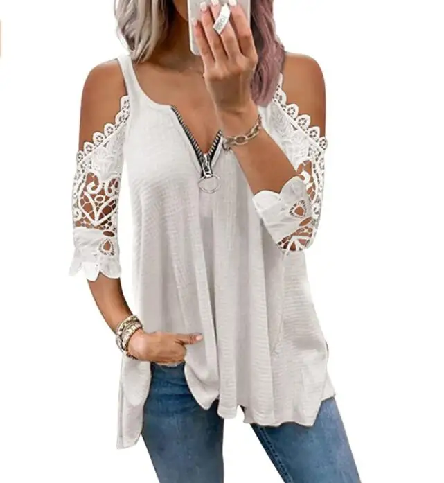 

Womens Half Sleeve Lace T Shirt Top Zipper Hollow Out Cold Shoulder V Neck Loose Sling Crochet Blouse