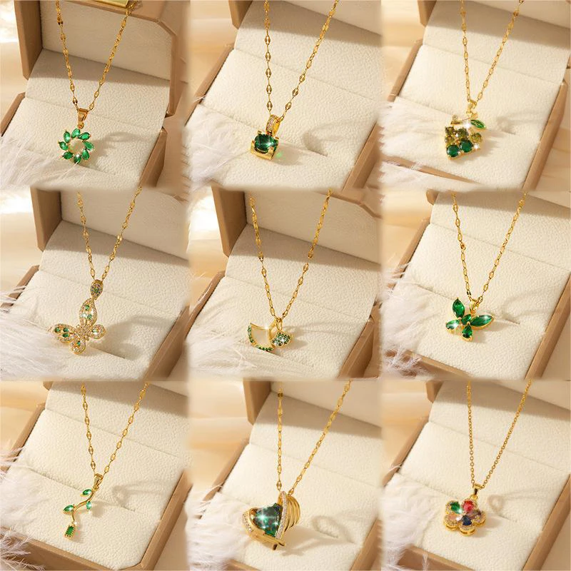 

Korean Waterproof Stainless Steel 18k Gold Zircon Heart Butterfly Pendant Necklace Women Emerald Cz Flower Water Drop Necklace