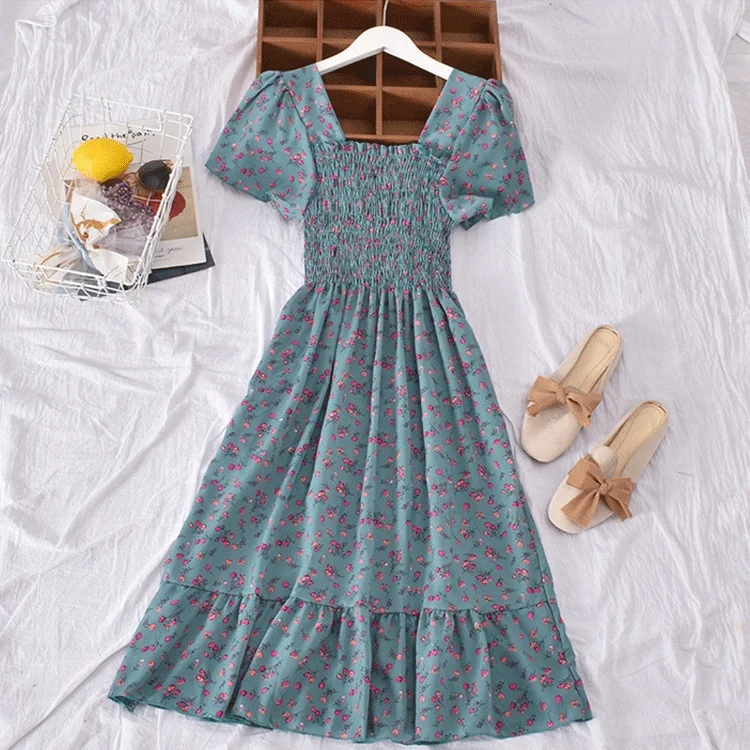 

Elastic Vintage Square Neck wholesale Short Sleeve Long Dress Floral Print Latest Korean Design Women Summer Dresses Clothing, 1color