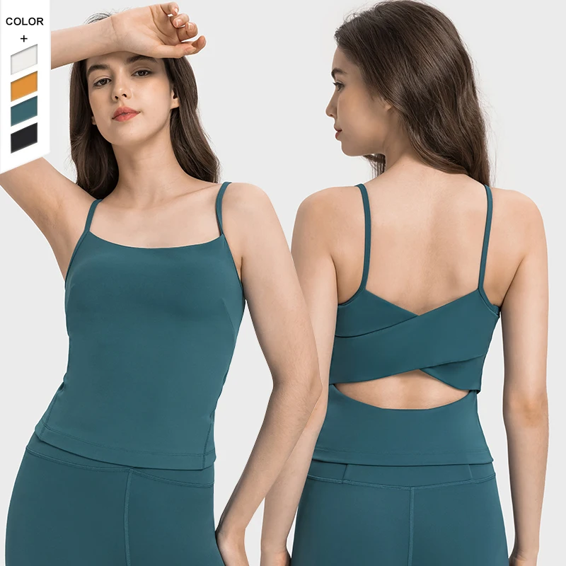 

New Style High elastic shape yoga dress cutout piece cross back with chest pad sports vest halter