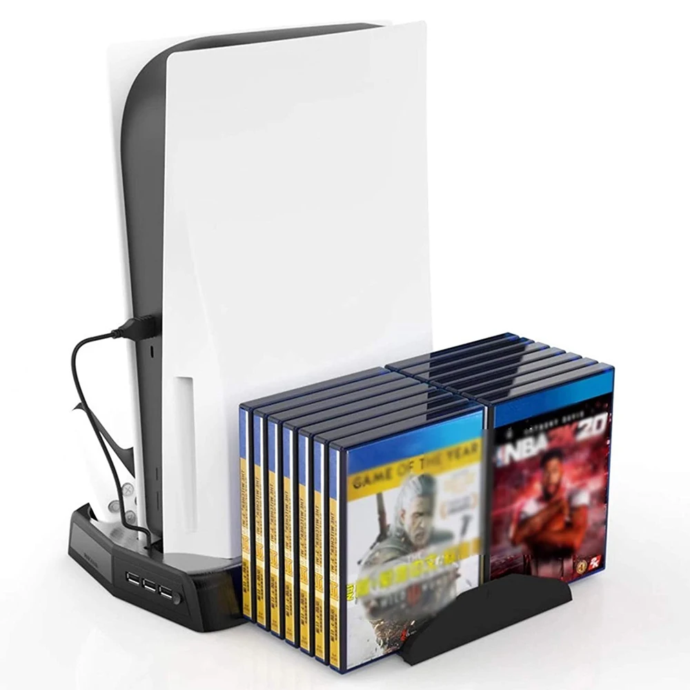 

Universal For Ps5 Charger Base With Cooling Fan Dual Controllers 3 Usb Hubs And 14 Game Slots Bracke, Black