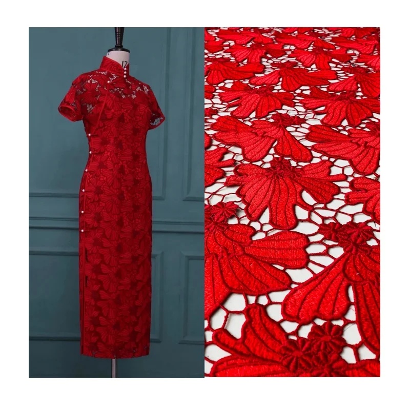 

Chinese high quality red milk silk water soluble embroidery lace fabric