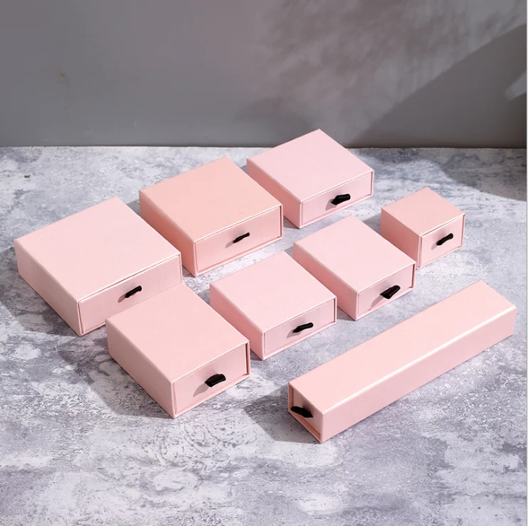

Customized Logo Pull-Out Jewellery Package luxury Custom Rings Bracelet Packaging Gift Paper Pink Drawer Sliding out Jewelry Box