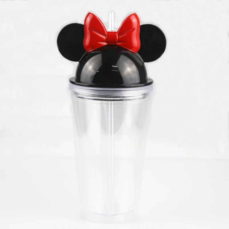 

Free Shipping in USA 450 ml Cute Mickey Minnie Mouse Cup Double Wall Acrylic Plastic Tumbler Mouse Ear Bow Cups With Straw, Transparent