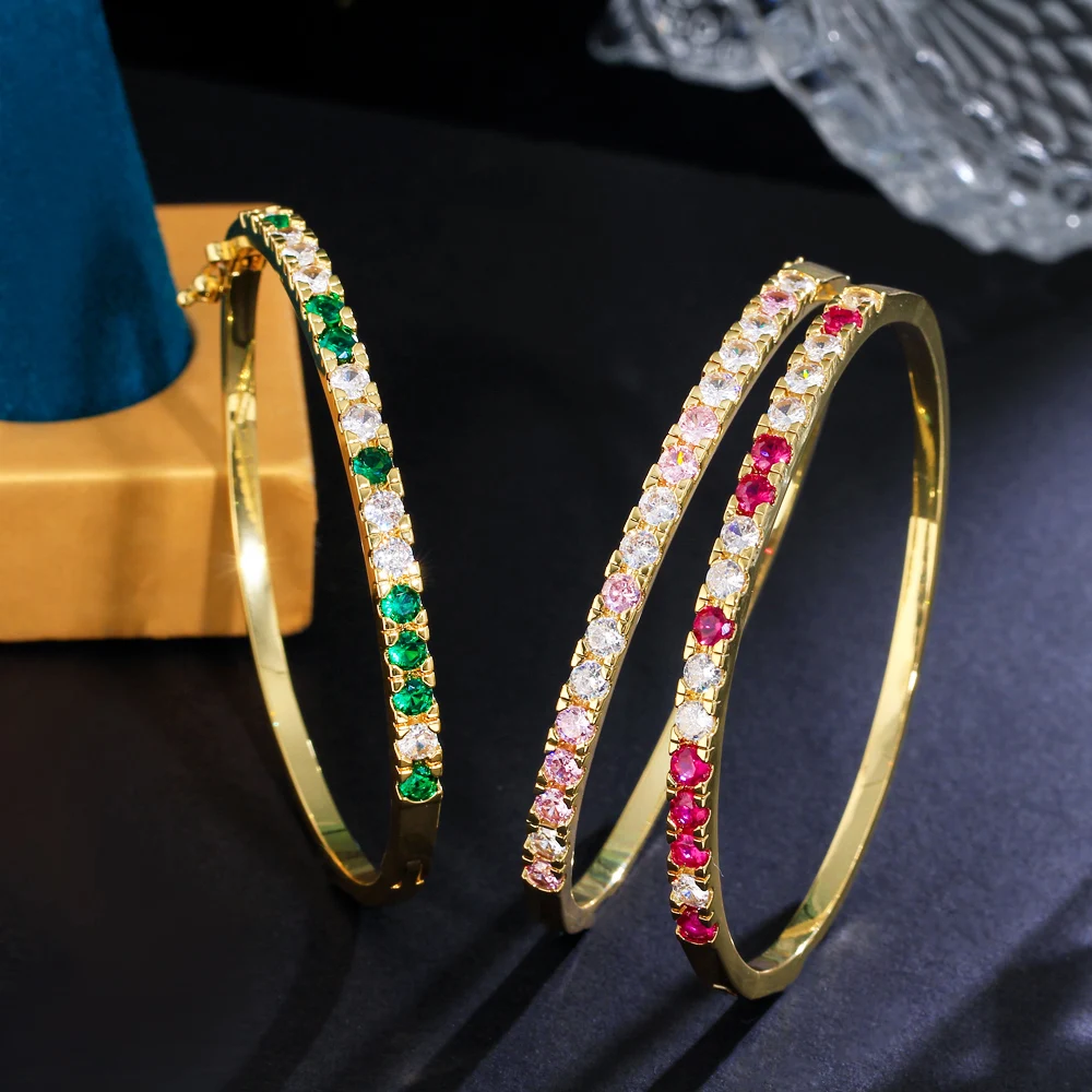 Classic Bling Round Cubic Zircon Pave Gold-Plated Wedding Green Tennis Bangle for Women Trendy Jewelry Bracelets Accessories