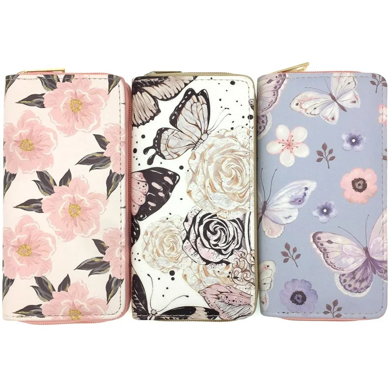 

Hot selling butterfly flower PU leather wallet Cosmetic bag ladies purse for fashionable factory custom wallet