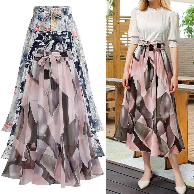 

Bohemia Chiffon Skirt Long Wrap Skirt Sexy Dinner Dress Casual Floral Print Womens Career Dresses Plus Size Elegant Skirt