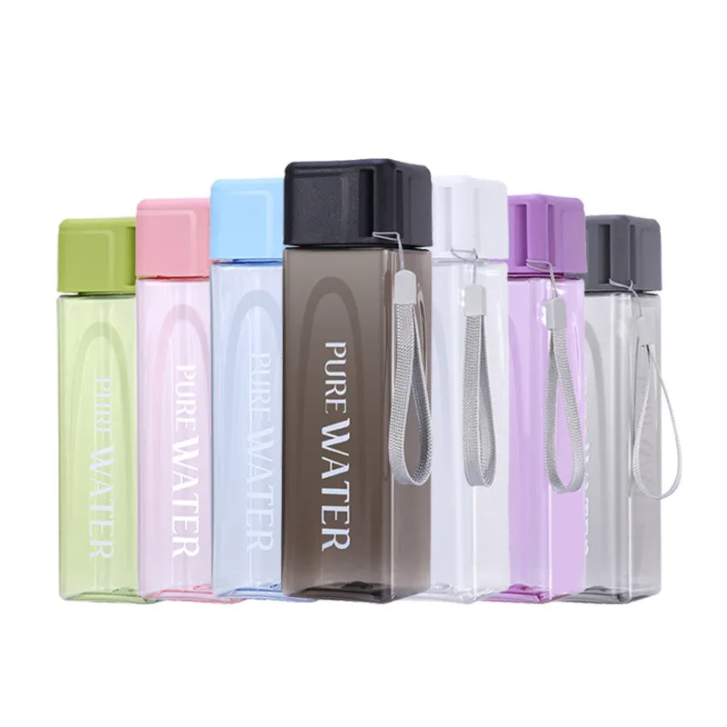 

Bpa Free Eco-Friendly Reusable 500Ml Simple Transparent Square Plastic Water Bottle With Rope