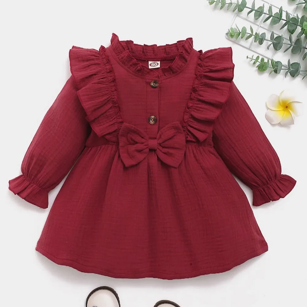 

Little Girls Long Sleeve Red Birthday Dress Collar Fashion Bow Girls Baby Dress
