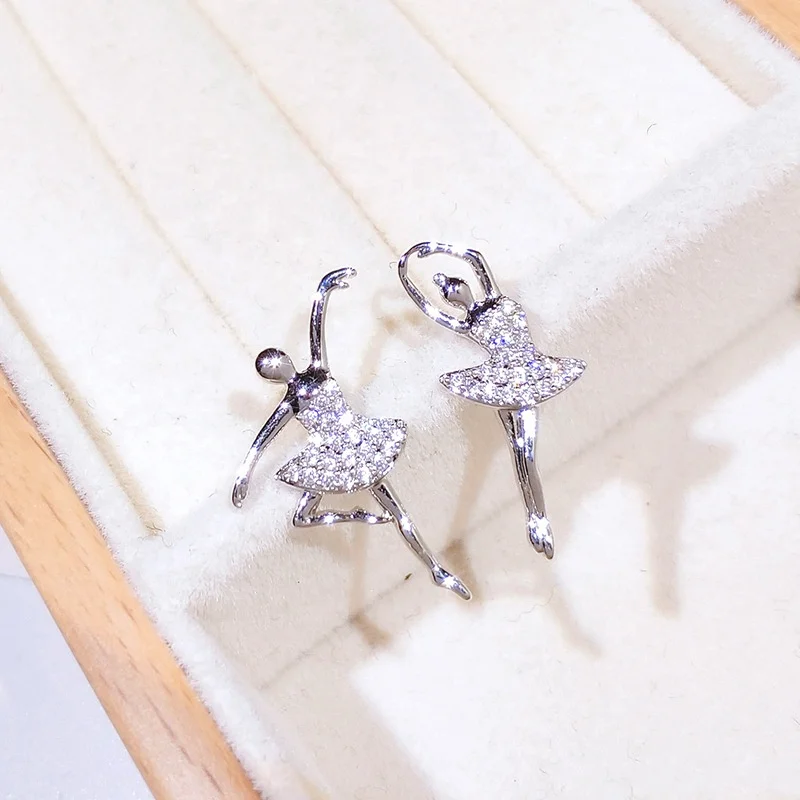 

Exquisite Silver Color White Zircon Ballet Dancer Stud Earrings for Women Girls Birthday Gift Party Crystal Earring Fine Jewelry, Picture shows