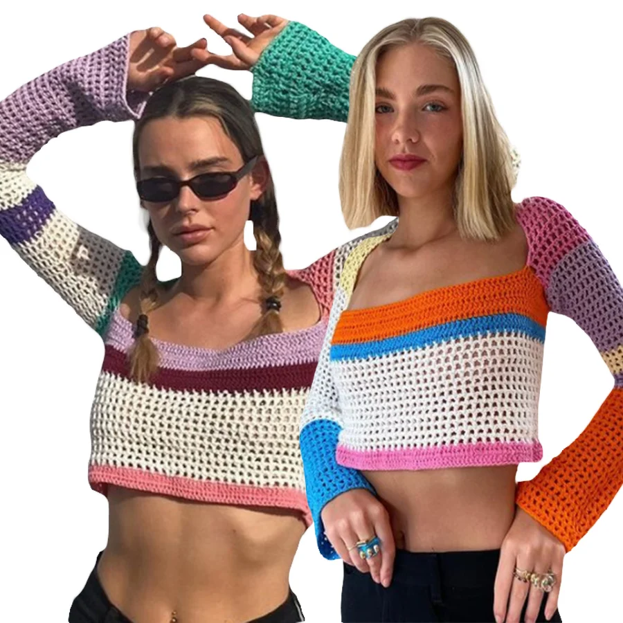 

2021 Fall Women Y2K Casual Knitted Cute Crop Top Long Sleeve Color Contrast Square Neck Cropped Sweaters Women Clothing, Orange,green