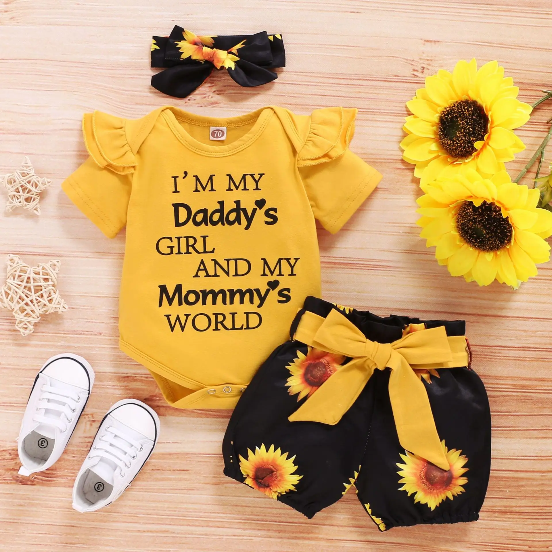 

New Arrived Summer Cute Baby Short Sleeve Romper+Pants + Hairband 3Pcs set Cotton Baby Girl Clothing Sets, Yellow