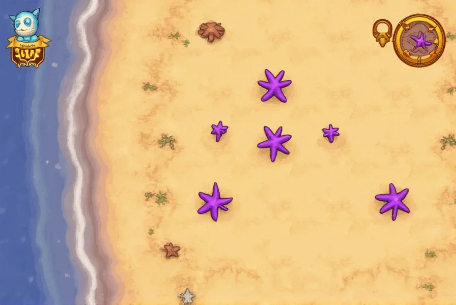 Stardew Valley Ginger Island map showing purple starfish locations with numbered markers