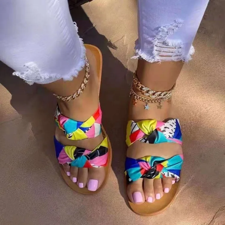 

Summer New Style Flat Bottom Ladies Slippers Printing Large Size Sandals Europe And The United States One Word Drag Two Belts