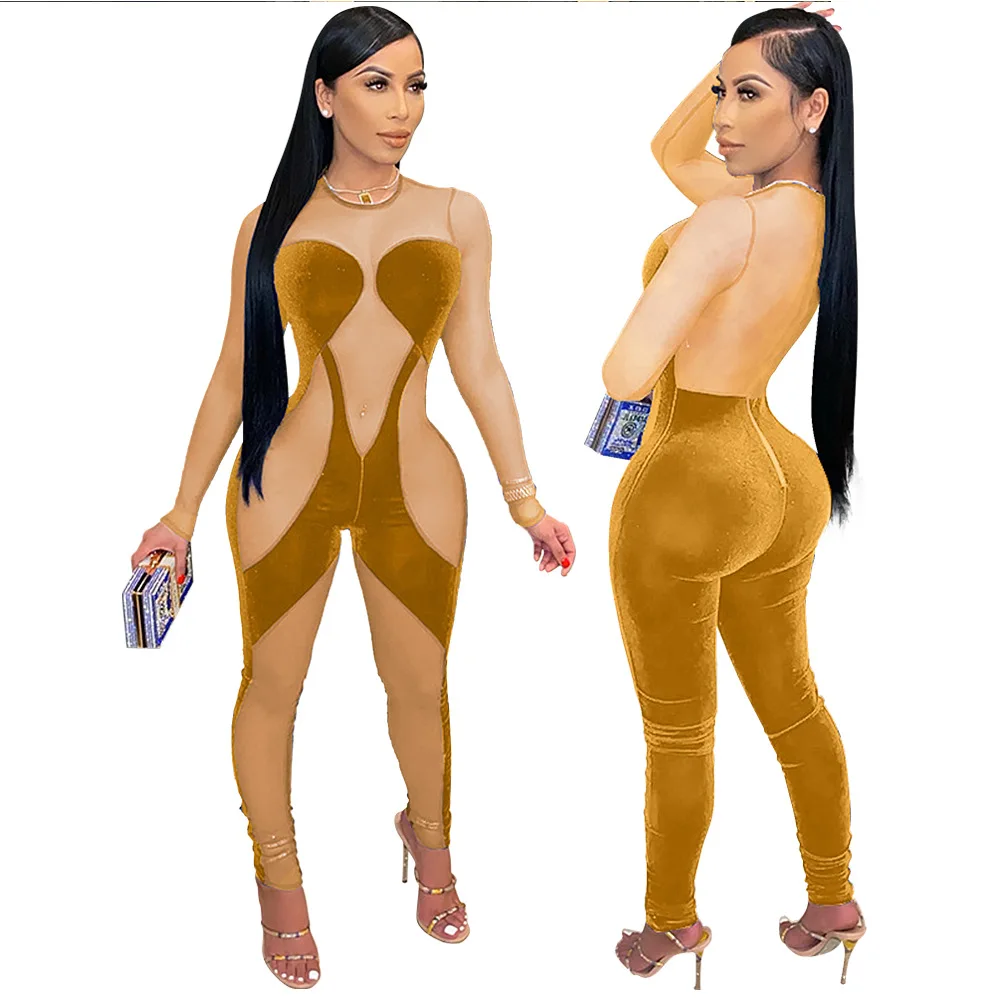 

FREE SAMPLE JHTH 2021 spring fashion women's O-neck long-sleeved trousers solid mesh patchwork velvet jumpsuit custom jumpsuit