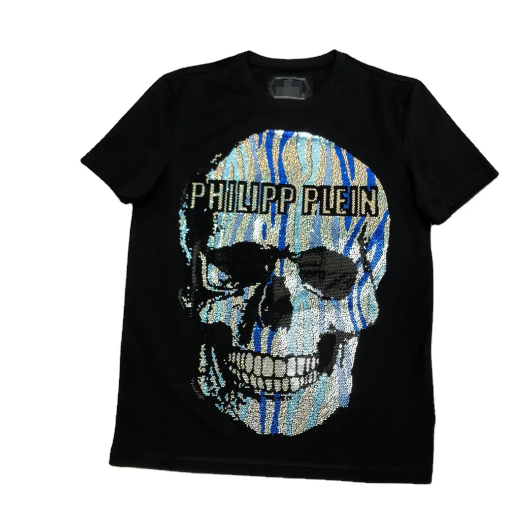 

2021 custom cotton blue skull fashion white and black rhinestone tees tshirt customized bling luxury t-shirt men