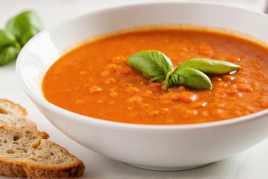 Creamy red pepper soup in white bowl with fresh basil garnish and crusty bread on side