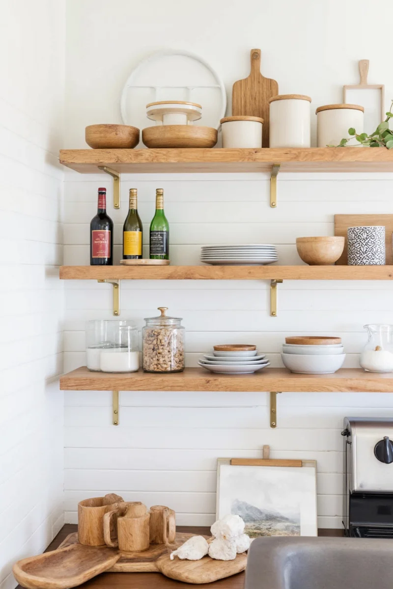 A complete family-friendly kitchen with wood shelves integrated throughout