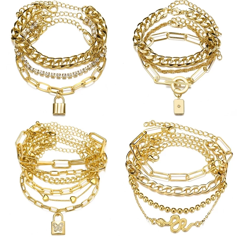 

2021 New Punk Gold Thick Chain Link Bracelet Fashion Lock Snake Butterfly Beads Charm Bracelets Set Jewelry, As photos