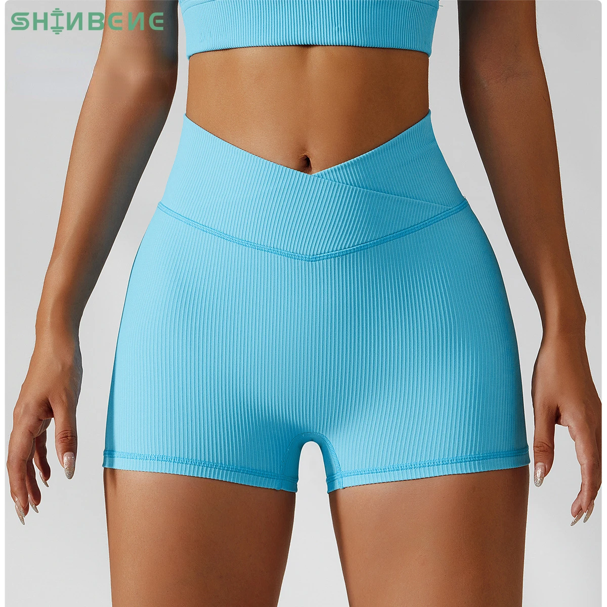 

SHINBENE Wholesale 3" Ribbed Cross Waist Yoga Shorts Ladies Crossover Hip Lift Sport Workout Shorts