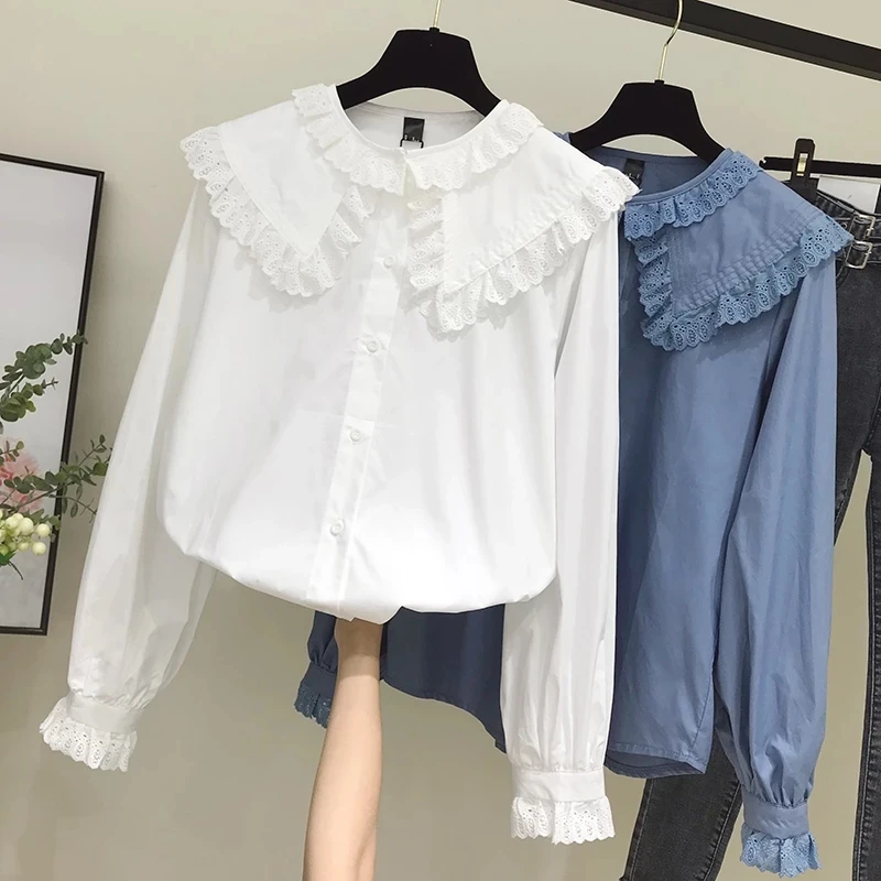 

White Blouse Shirt Women Autumn Spring Long Sleeve Kwaii Shirts Female Blouses Casual Doll Collar Shirt Simple Top
