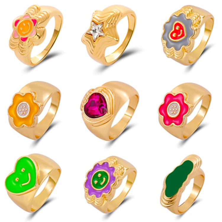 

2021 New Design Colorful Happy Y2K Rings for Girls Summer Smiley Face Ring Gold Chunky Enamel Rings, As picture shows