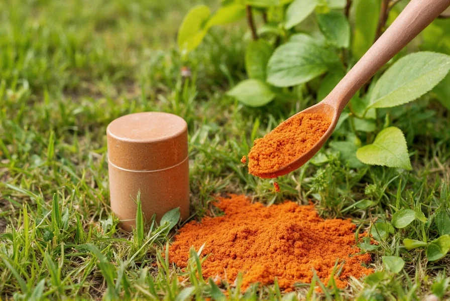 Close-up of cayenne pepper powder being sprinkled around garden plants to deter squirrels