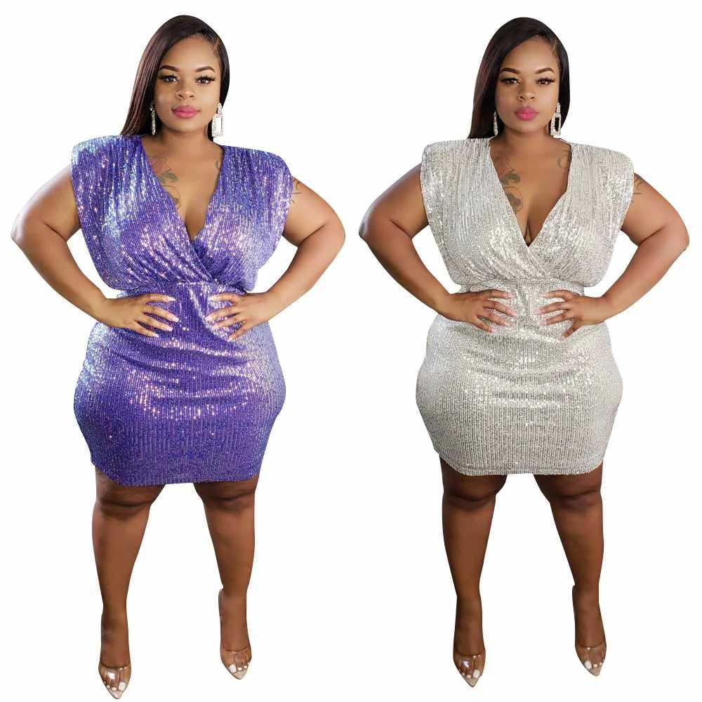

fall new fashion hot sale women's sexy party solid color sequins V-neck sequined temperament casual plus size dress